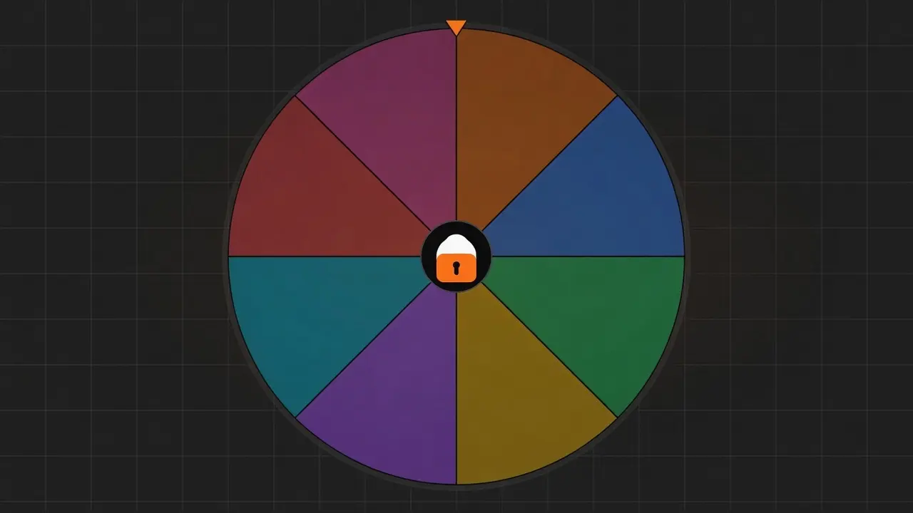 A private browser-only spin the wheel with a lock in the hub, showing entries stay on this device unless you save them.