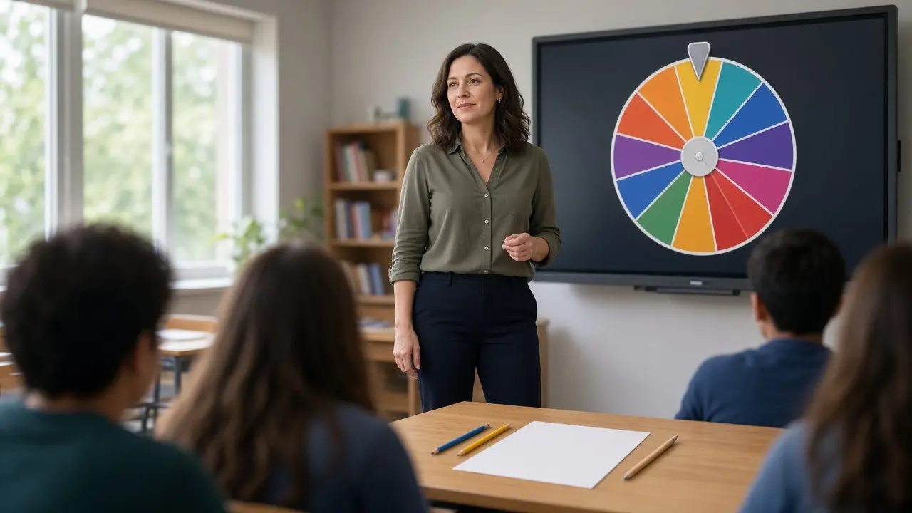 A teacher standing by a classroom monitor that displays a spin the wheel, with a blank paper roster on the desk for calling on students in turn.