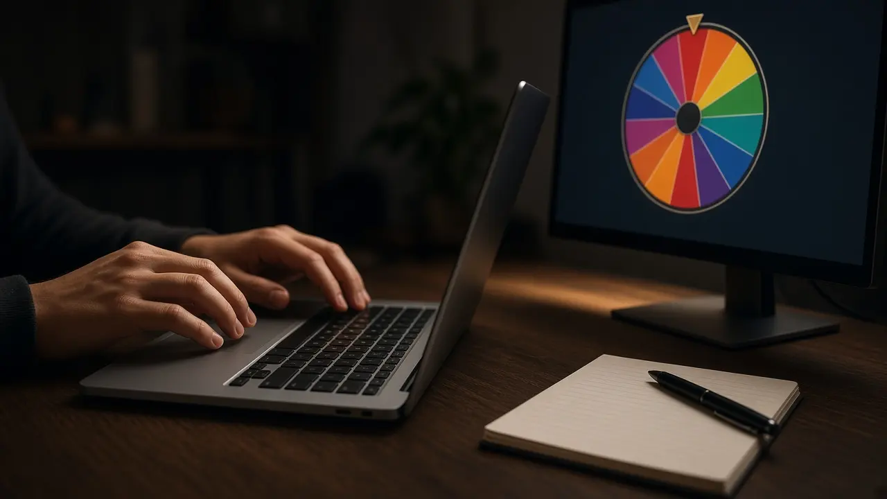 Hands at a laptop beside a second screen that shows a spin the wheel, with a blank notepad ready for the name list before pressing spin.