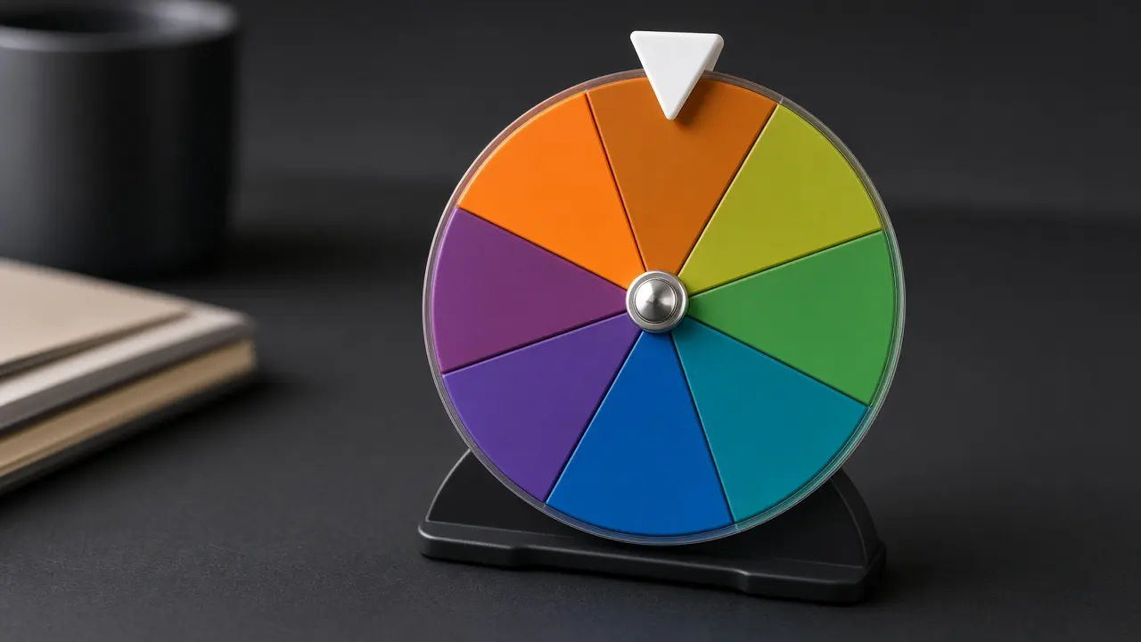 A colorful spin the wheel on a dark desk, divided into equal slices, with a white pointer at the top so a room can watch one name get picked.